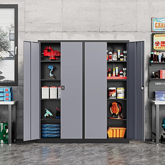 Fesbos Metal Storage Cabinet-72” Tall Steel File Cabinets with Lockable Doors and Adjustable Shelves-Black&Gray Steel Storage Cabinet for Kitchen, Office, Garage