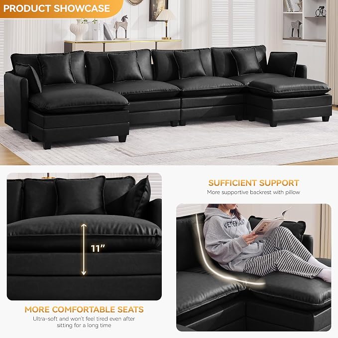 147'' Sectional Cloud Deep Seat Couch, Oversized Leather U Shaped Sectional Sofa for Living Room Set, Comfy Upholstered Modular Sectional Sofa Couch with Movable Ottoman, Leather Black