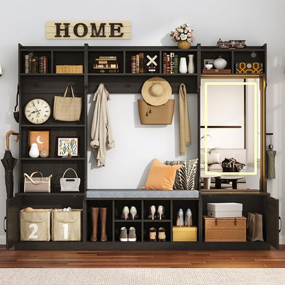 chartustriable 71''H 86.6''W Large LED Farmhouse Hall Tree with Bench and Shoe Storage,Entryway Bench with Coat Rack,12 Shoe Cubbies & Umbrella Holder,Mudroom/Hallway Storages Cabinet(Black)