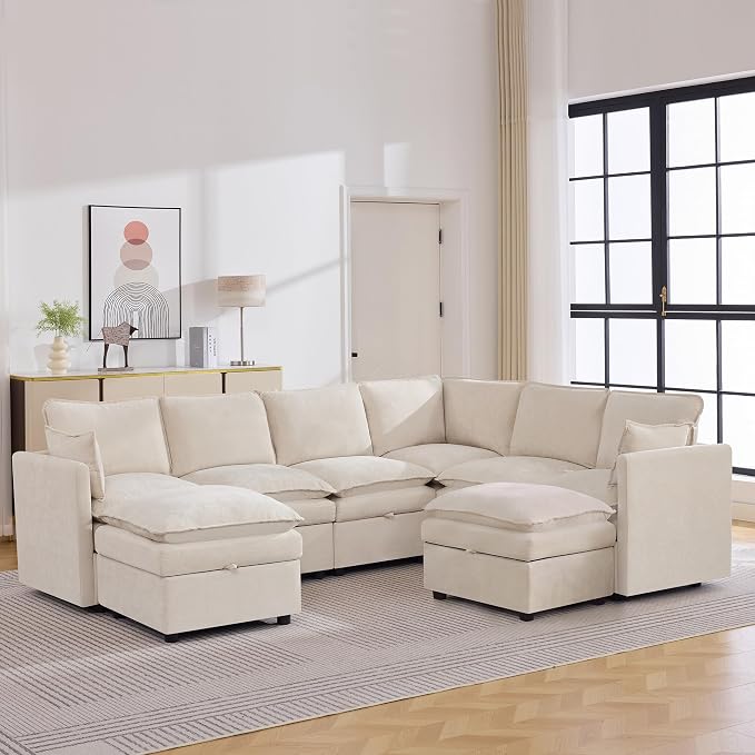 105" Beige Modular Storage Sofa, U Shaped Chenille Couch with 2 Ottomans | Oversized Convertible Sectional Sofa, 6-Seat Sectional Couch With 2 Ottomans, Large Cloud Couch For Living Room, Apartment.