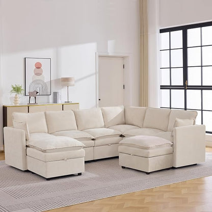 105" Beige Modular Storage Sofa, U Shaped Chenille Couch with 2 Ottomans | Oversized Convertible Sectional Sofa, 6-Seat Sectional Couch With 2 Ottomans, Large Cloud Couch For Living Room, Apartment.