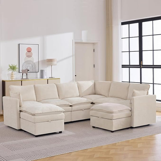 105" Beige Modular Storage Sofa, U Shaped Chenille Couch with 2 Ottomans | Oversized Convertible Sectional Sofa, 6-Seat Sectional Couch With 2 Ottomans, Large Cloud Couch For Living Room, Apartment.