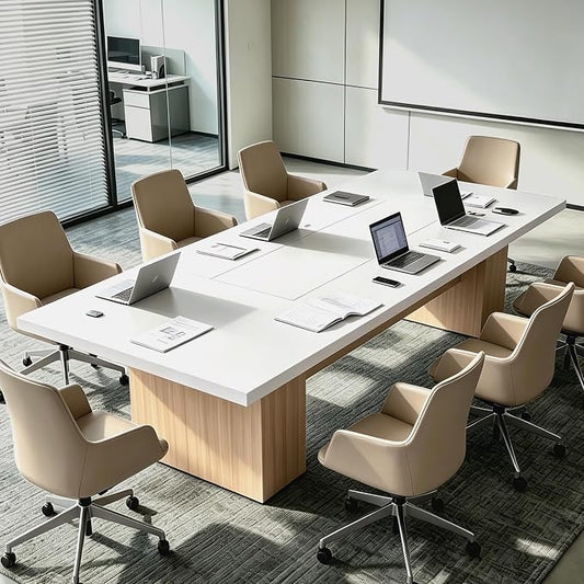 130" W Extra Large Conference Desk Table for 8-10 Persons, Modern Office Work Desk with Sturdy Pedestal Base, Long Rectangular Executive Study Table for Office, Living Room, White & Oak