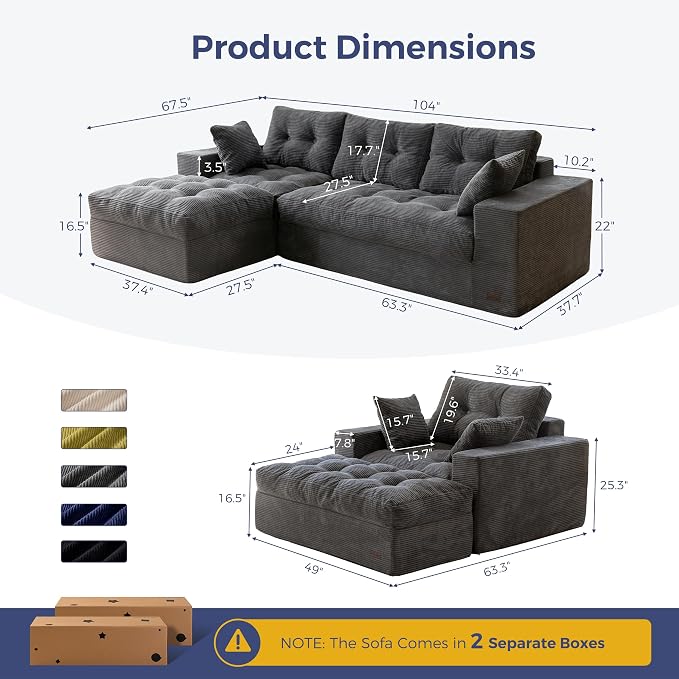 MAXYOYO Sectional Sofa Couch and Chaise Lounge, L Shaped Modern Cloud Couch with Ottoman, Comfy Sofa with Layered Cushion, Tufted Upholstered Sleeper Chair for Living Room, No Assembly Required, Grey
