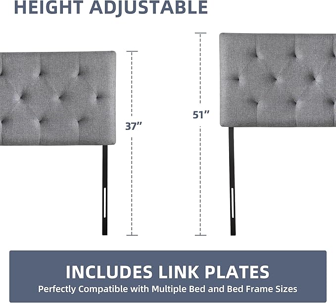 Linen Headboard King Size, Adjustable Height Headboard 37-51 in, Light Gray | Diamond Tufting Solid Wood King Headboards, Durable Metal Legs, Upholstered King Head Board for Bed Frame, Modern Fabric