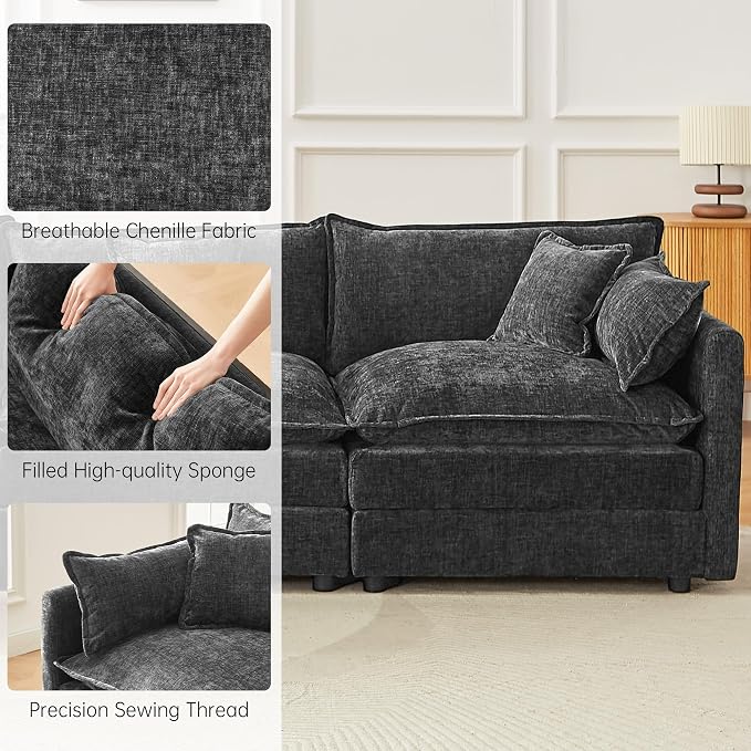 Modular Sectional Sofa, 112.2 Inch Rectangle Shaped Couch Set with Armrests, 3-Seater Comfy Cloud Couches for Living Room Apartment, Grey