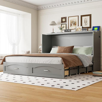 Ball & Cast Wall Bed Queen Size Murphy Beds with Drawer and a Set of Sockets,Multi-Functional Hideaway Cabinet w/USB Ports,Pulley Structure Design,Space Saving for Bedroom,Apartment,Studio,Gray
