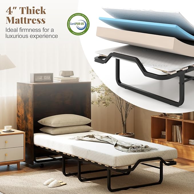 KOMFOTT Murphy Bed Cabinet, Rolling Folding Bed into Cabinet with Mattress & Lockable Wheels, Folding Bed Frame for Small Space, Roll Away Pull Out Murphy Bed for Guest Room Office