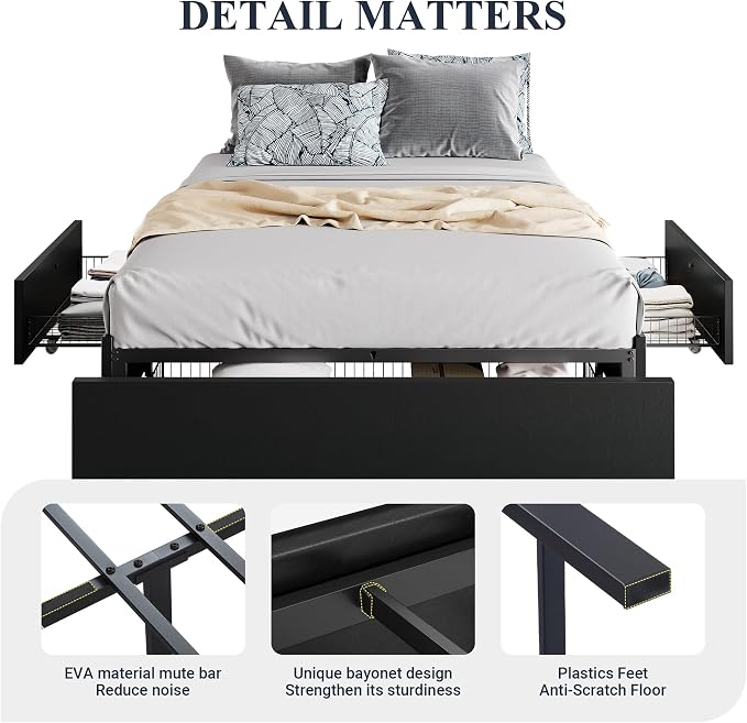 Allewie Queen Size Platform Bed Frame with 3 Storage Drawers, Fabric Upholstered, No Box Spring Needed, Metal Slats Support, Easy Assembly, Black
