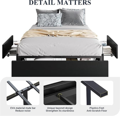 Allewie Queen Size Platform Bed Frame with 3 Storage Drawers, Fabric Upholstered, No Box Spring Needed, Metal Slats Support, Easy Assembly, Black