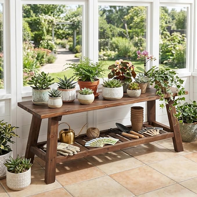 VINGLI Rustic Storage Bench, Solid Wood Seat with Storage Shelf, Indoor Outdoor Shoe Rack, 450lbs Capacity Small Outdoor Bench for Mudroom Entryway Patio Porch (Brown, 43in)