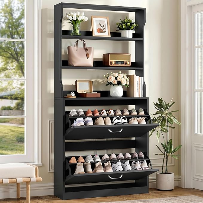IRONCK Tall Shoe Cabinet with 2 Flip Drawers, Narrow Hidden Shoe Storage Cabinet with Shelves, Slim Freestanding Shoe Organizer for Entryway, Hallway, Black