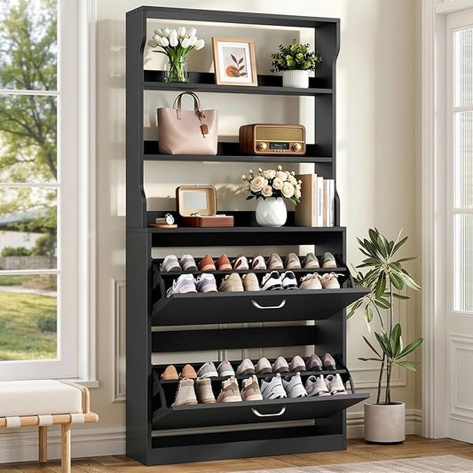 IRONCK Tall Shoe Cabinet with 2 Flip Drawers, Narrow Hidden Shoe Storage Cabinet with Shelves, Slim Freestanding Shoe Organizer for Entryway, Hallway, Black