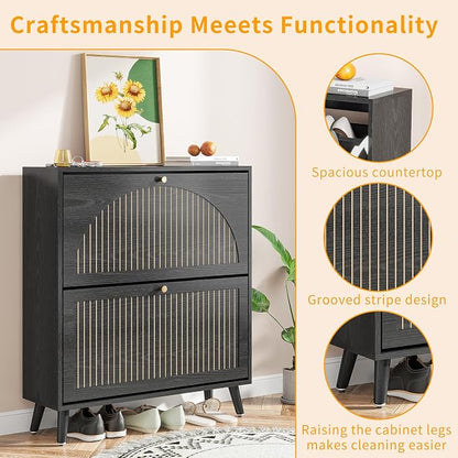 Fsbecl Shoe Storage Cabinet for Entryway with 2 Flip Drawers, Narrow Wood Shoe Cabinet with Fluted Panel, Freestanding Hidden Shoe Organizer for Foyer, Hallway (Black - with Shelf)
