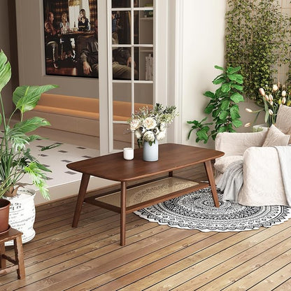 Coffee Table Small Solid Wood Center Table Mid Century Vintage Living Room Coffee Table, Walnut Rattan 39.37 Inch