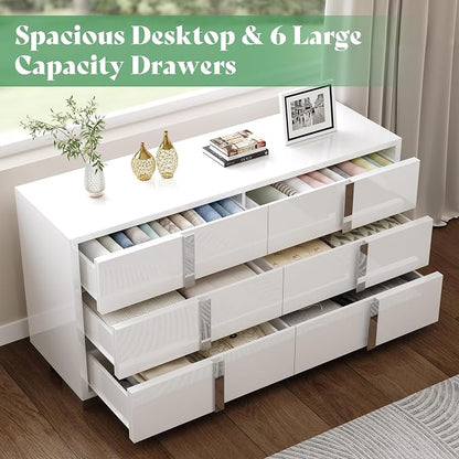 AMERLIFE 4 Piece Bedroom Furniture Set, Upholstered Queen Size Bed Frame with 53" Headboard & Wingback, 54" 6-Drawer Dresser & Nightstand Set of 2, High Gloss, Modern, White