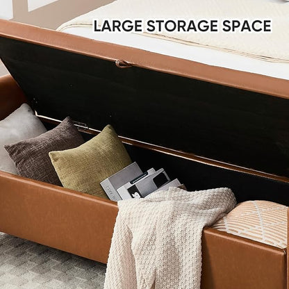 65" End of Bed Storage Bench, Leather Storage Bench for Bedroom with Tufted Button Upholstered and Gold Legs, Ottoman Bedroom Benches with Armrests for Living Room Window, Brown
