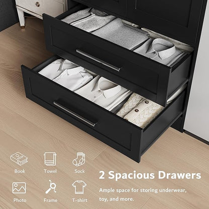 iPormis Wooden Armoire Wardrobe Closet with 2 Drawers, Clothing Storage Cabinet with Shelves Aluminum Hanging Rod, Wardrobe Storage with Strong Door Closure, Modern Bedroom Clothing Armoires, Black