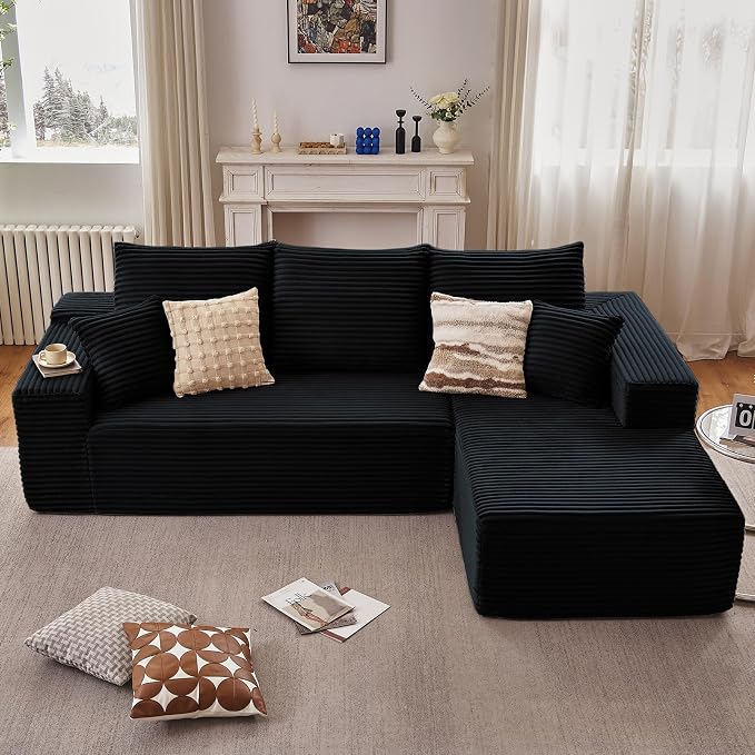95.8" Cloud Sectional Couch with L-Shape Chaise, Modern Modular Comfy Sofa Chaise Longue, Upholstered Corduroy Couches Sleeper with Deep Seat for Living Room Bedroom, No Assembly Required, Black