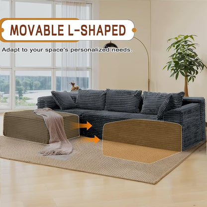 Korser 108" L-Shaped Modular Sectional Sofa with Chaise, Boneless Comfy Corduroy Fluffy Couch with Deep Seat and Side Pockets, Flexible Module Combination for Living Room, No Assembly, Side Pockets