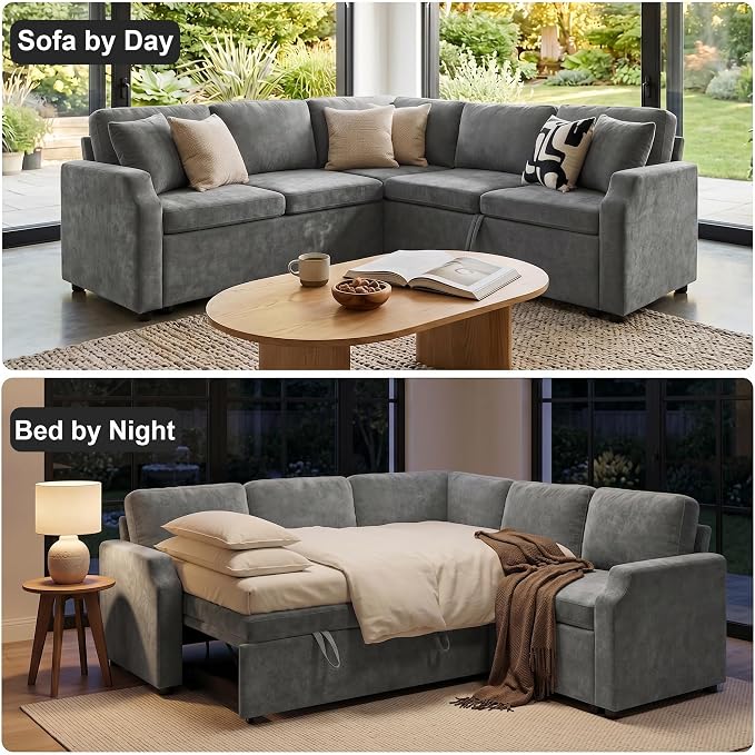 ROCANT 82 inch Modular Sectional Couch with Pull Out Bed, 5-Seat L-Shaped Chenille Sleeper Sofa with Reversible Chaise and 2 Pillows, Grey