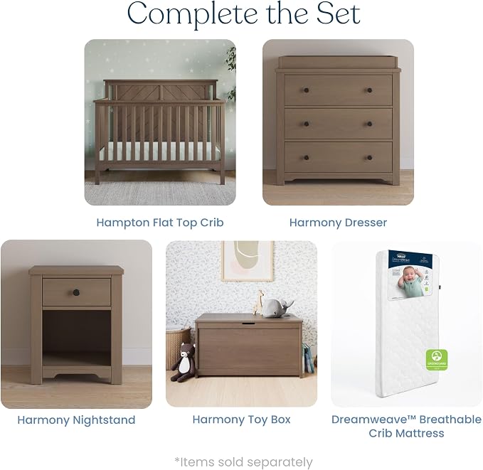 Child Craft Hampton Flat Top 4-in-1 Convertible Crib, Baby Crib Converts to Day Bed, Toddler Bed and Full Size Bed, 3 Adjustable Mattress Positions, Non-Toxic, Baby Safe Finish (Dusty Heather)