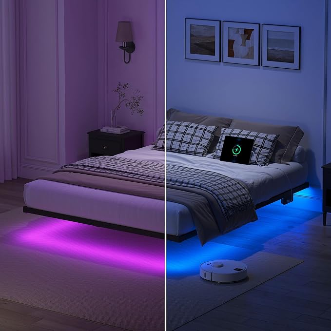YORMDMO Floating Bed Frame King Size, Heavy Duty Bedframe with Smart LED Lights & Charging Station, Modern Metal Platform Bed, Easy Assembly No Box Spring Needed, 10 Inch