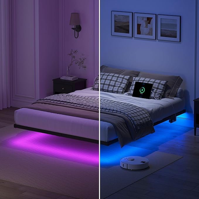 YORMDMO Floating Bed Frame Full Size, Heavy Duty Bedframe with Smart LED Lights & Charging Station, Modern Metal Platform Bed, Easy Assembly No Box Spring Needed, 10 Inch