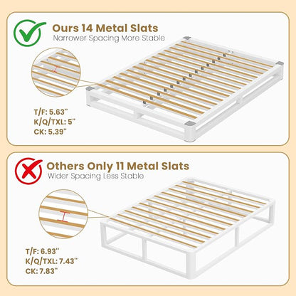 6 Inch Queen Bed Frame with Rounded Corner and Squeak Free U-Slot Design, Metal Platform Bed Frames 6 Non-Slip Guards, 3500lbs Heavy Duty Steel Slat Support, No Box Spring Needed, White