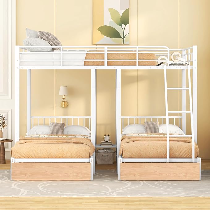 Full Over Twin & Twin Bunk Bed, Heavy Duty Metal Triple Bunk Bed with Drawers and Guardrails, Can be Divided into 3 Separate Beds, Triple Bunk Bed Frame for Kids Teens Aldults (White + Metal)
