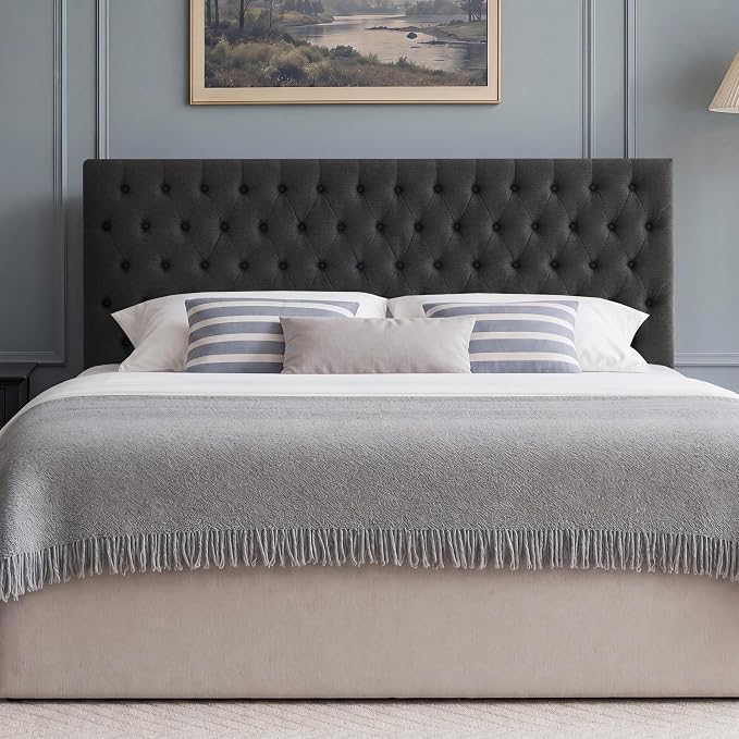 Upholstered Queen Headboard Only, Premium Linen Button Tufted Headboards, Adjustable Solid Wood Head Board, Padded Headboard with Solid Wood Legs in Bedroom (Dark Gray)