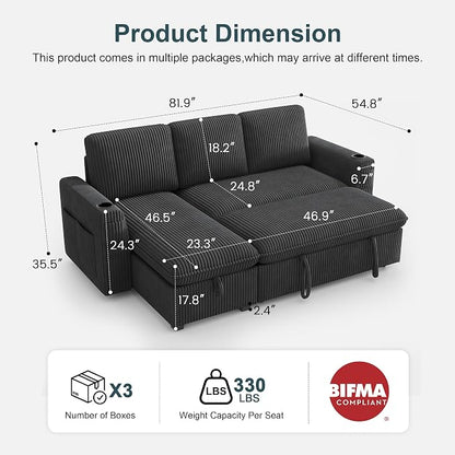 Sectional Sleeper Sofa with Pull Out Bed, Plush Corduroy Sectional Sofa with Storage Chaise and Adjustable Backrest, Cloud Sectional Couches for Living Room, Apartment, Dark Grey