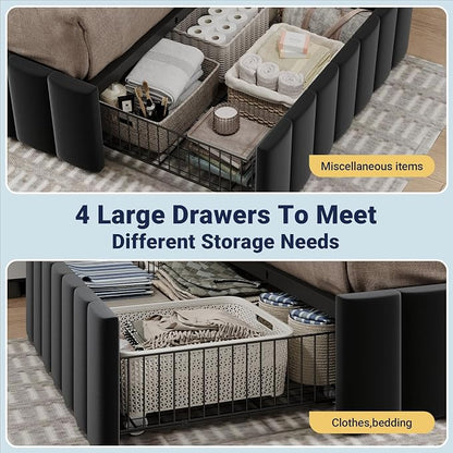 Allewie King Size Platform Bed Frame with 4 Large Storage Drawers, Velvet Vertical Channel Tufted Upholstered Bed Base, Wooden Slats Support, Noise-Free, No Box Spring Needed, Easy Assembly, Black