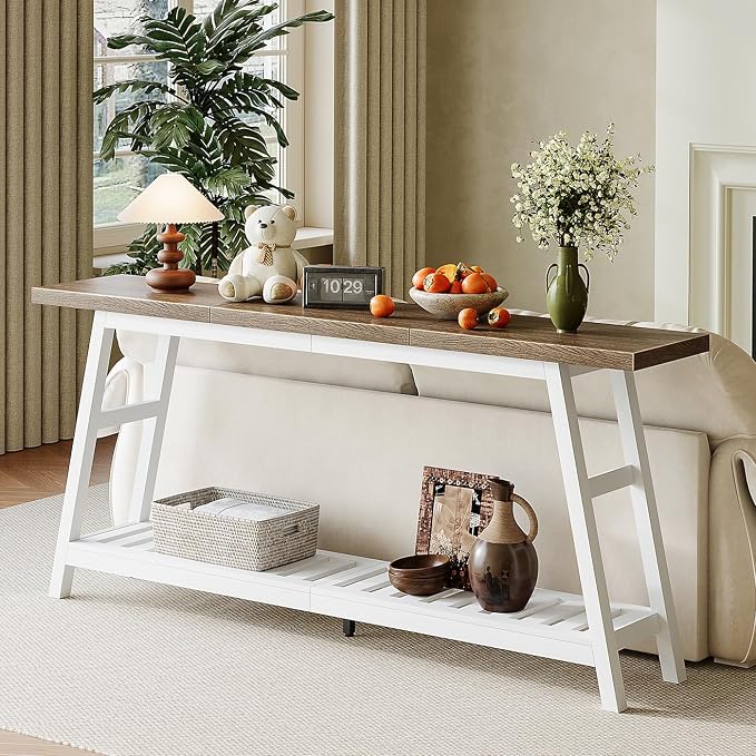 ChooChoo 70.9 Inch Long Console Tables for Entryway, Wood 2-Tier Entry Hallway Table, Narrow Sofa Table Behind Couch Table for Living Room, Entrance, White & Brown