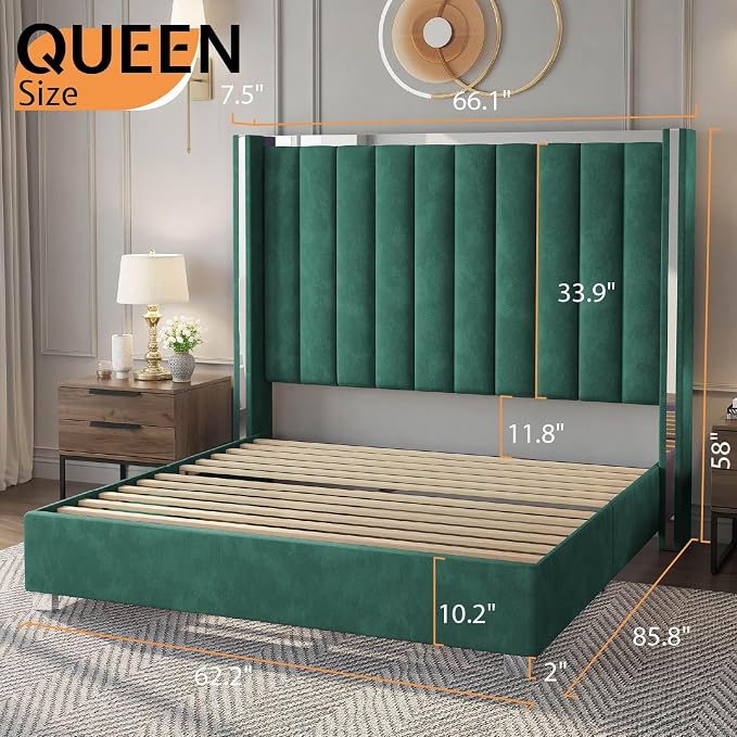 Jocisland Bed Frame with 58" Tall Headboard, Platform Velvet Upholstered Bed with Channel Tufted Wingback Headboard and Plating Trim, No Box Spring Needed, Green, Queen