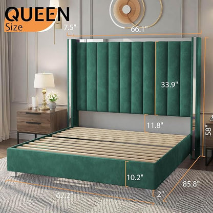Jocisland Bed Frame with 58" Tall Headboard, Platform Velvet Upholstered Bed with Channel Tufted Wingback Headboard and Plating Trim, No Box Spring Needed, Green, Queen