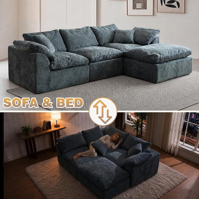109" Boneless Cloud Couch Sectional for Living Room, Oversized Modular L Shaped Sofa with Ottoman, Deep Seat Chenille Sectional Couch for Cloud-Like Comfort(Blue)