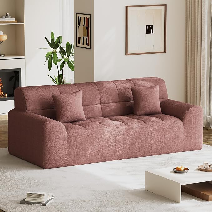 91.5" Modern Boneless Couch for Living Room, Comfy Cloud Sectional Sofa with Deep Seat, Chenille Love Seat Oversized Upholstered 3-Seater Sofa, No Assembly Required Tufted Sofas, Pink