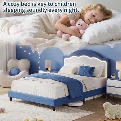 IDEALHOUSE Full Bed Frame with LED Headboard, Boucle Fabric Upholstered Platform Bed with LED Light for Kids, Girls, Wooden Slats Support, No Box Spring Needed, Blue