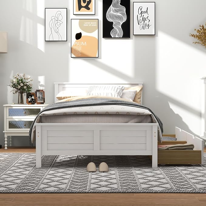 GOFLAME Twin Size Bed Frame with 2 Drawers, Platform Bed with Solid Wood Headboard & Footboard, Wood Slats Support Mattress Foundation, Under Bed Storage, No Box Spring Needed, Easy Assembly, White