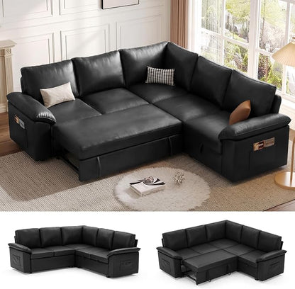85 Inch Faux Leather Modular Sectional Sofa with Pull Out Bed, L Shaped 5 Seat Sectional Sleeper Sofa with Storage, Sectional Couches for Living Room, Cloud Modular Couch,Black Leather