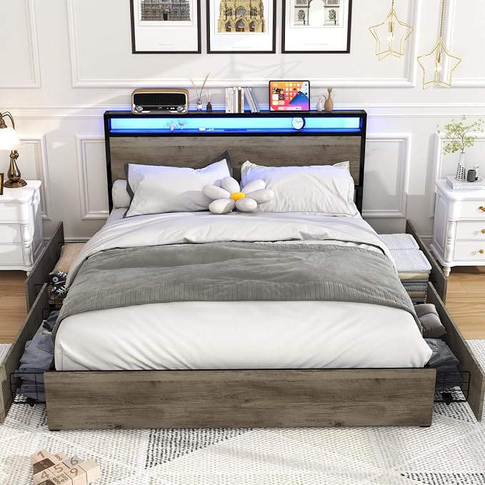 Kiivakii Full Size Bed Frame with 4 Storage Drawers, LED Platform Bed with Headboard, Built in Charging Station, Noise-Free, Metal Support Base, No Box Spring Needed, Gray