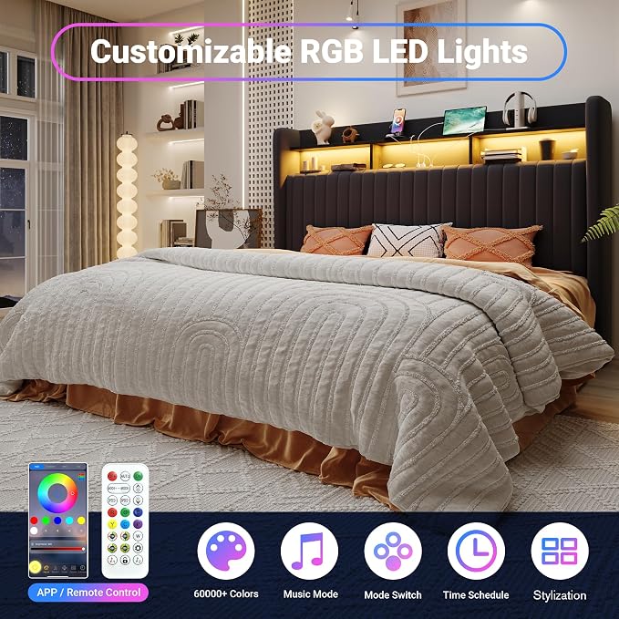 Allewie King Size Lift Up Hydraulic Storage Bed Frame, 2-Tier Shelf Headboard with LED Lights and Charging Station, USB and Type C Ports, Wingback Velvet Headboard, No Box Spring Needed, Black