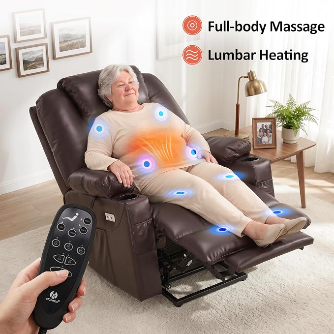 MCombo Power Lift Recliner Chair for Elderly R7042(Dark Brown, Small-Wide) | Heat and Massage, Breathable Faux Leather, USB& Type C Charging Port, FSC Certified