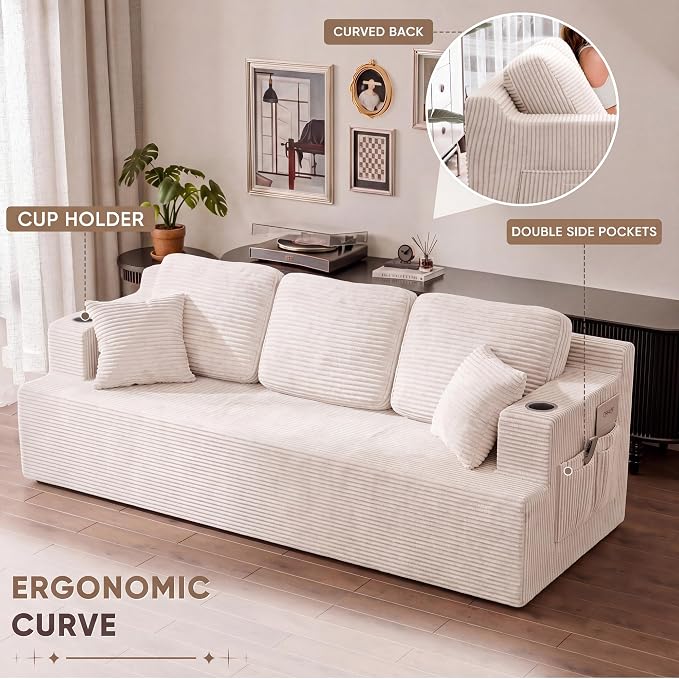 Homall 87” Boneless Sofa Couch with 2 Pillows Extra Deep Seats, Corduroy Fabric 3 Seater with Cup Holder & Storage Pocket Upholstered Floor Easy Installation (White, 3 Seater)