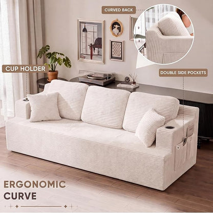 Homall 87” Boneless Sofa Couch with 2 Pillows Extra Deep Seats, Corduroy Fabric 3 Seater with Cup Holder & Storage Pocket Upholstered Floor Easy Installation (White, 3 Seater)