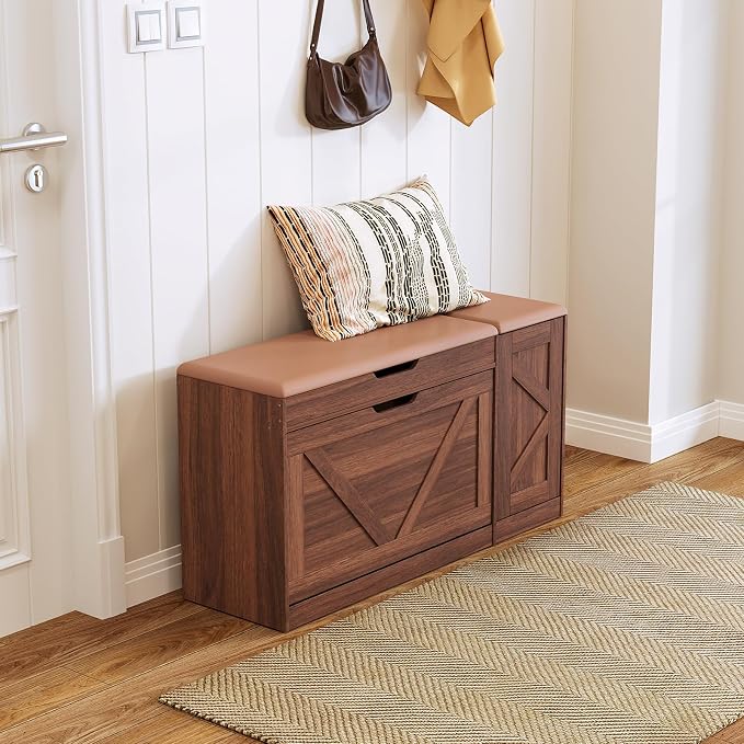 34" Storage Bench with Flip Drawers and Barn Doors, Adjustable Shelf, Flip-up Cabinet & Padded Cushion - Space-Saving Shoe Cabinet, Organizer for Entryway, Hallway, Bedroom