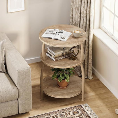 Round Side Table, 3-Tier End Table with Storage Shelf, 15.7" Wide Nightstand for Small Spaces, Tall Sofa Table Capable of Holding Laptops & Lamps, Bedside Table for Bedroom & Living Room, Oak