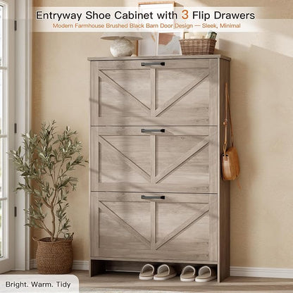 Nicetree Ultra Slim Shoe Cabinet – Shaker Barn Door & 3 Flip Drawers, Farmhouse Gray Finish – Freestanding Shoe Rack with 3-Tier Adjustable Shelves – Perfect for Narrow Entryways, Hallways, and Foyers