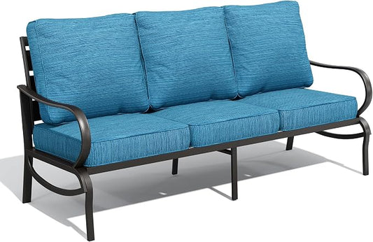 PHI VILLA Metal Patio Sofa with 5.75" Extra-Thick Waterproof Cushion, 3 Seater Deep Seat & High Back Outdoor Couch, All Weather Porch Furniture for Deck Backyard Front Porch Apartment,Peacock Blue